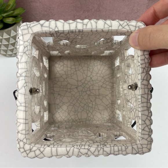 White Silver Black Crackled Square Handle Plant Holder Home Decor Accent - Picture 4 of 5